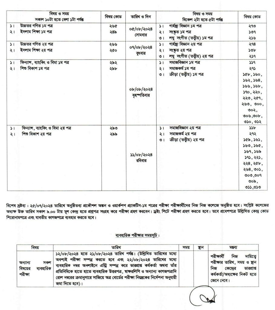 এইচএসসি পরীক্ষার রুটিন ২০২৪ পেজ-২